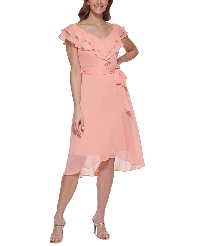 Vestido feminino DKNY com gola dupla e babados, rosa, tamanho 4