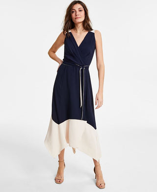 Vestido envelope falso com blocos de cores DKNY feminino, azul, tamanho 12