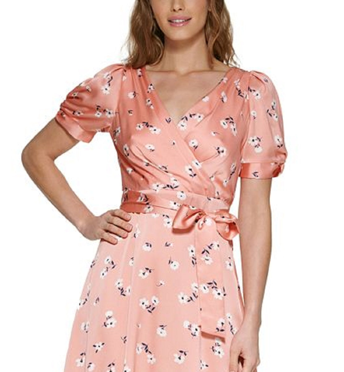 Vestido midi DKNY feminino estampado em cetim sintético, rosa, tamanho 12