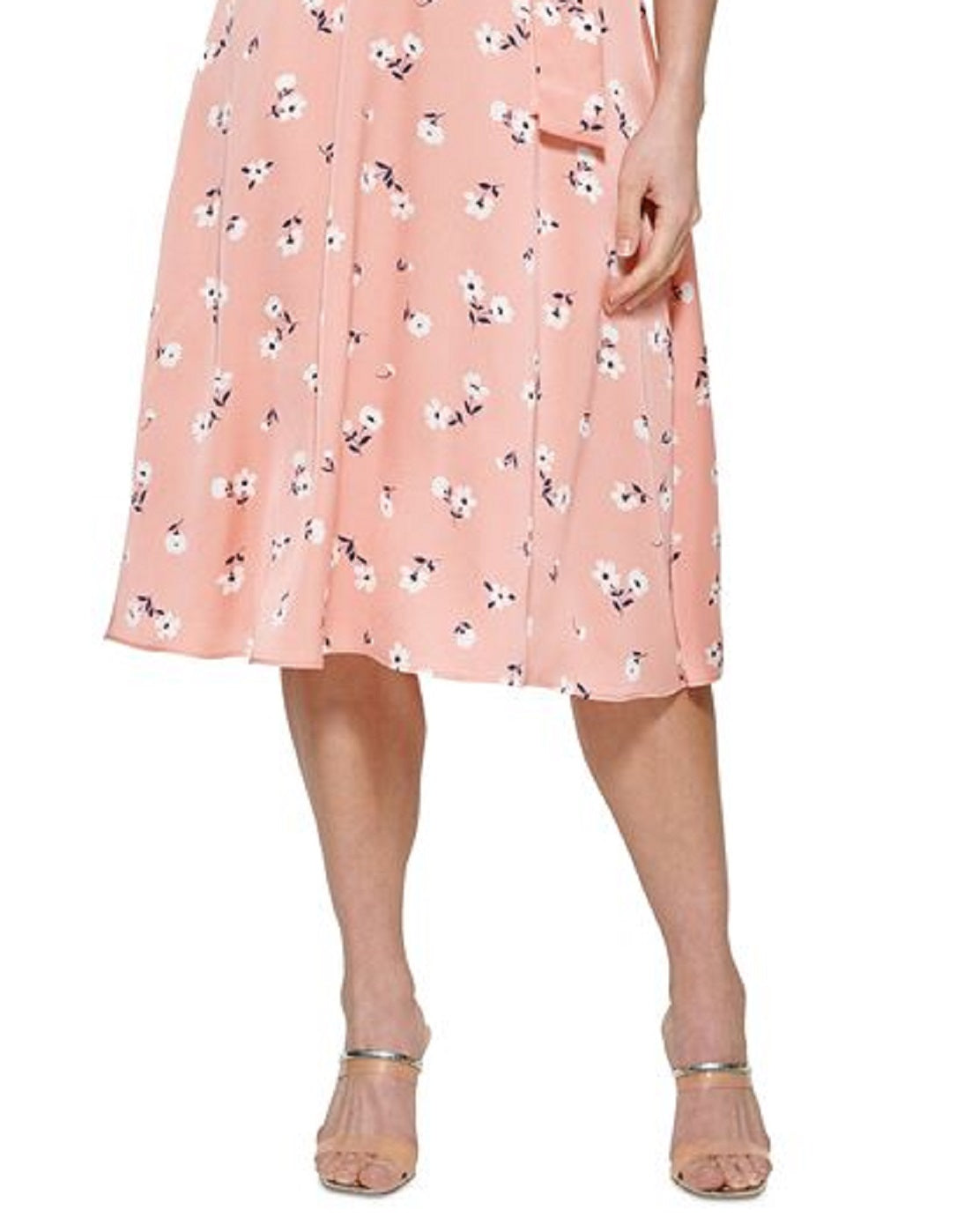 Vestido midi DKNY feminino estampado em cetim sintético, rosa, tamanho 12