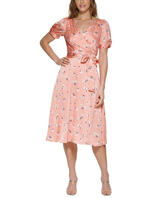 DKNY Women's Printed Satin Faux Wrap Midi Dress Pink Size 10