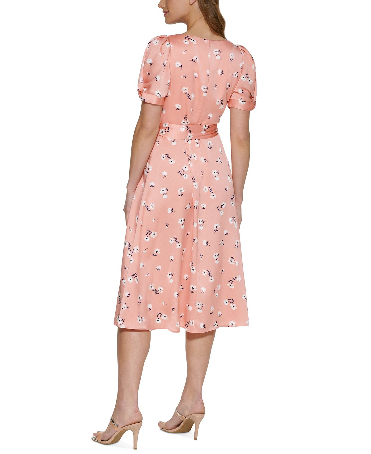 Vestido midi DKNY feminino estampado em cetim sintético, rosa, tamanho 2
