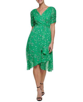 DKNY Women's Ruched Sleeve Faux Wrap Dress Green Size 14