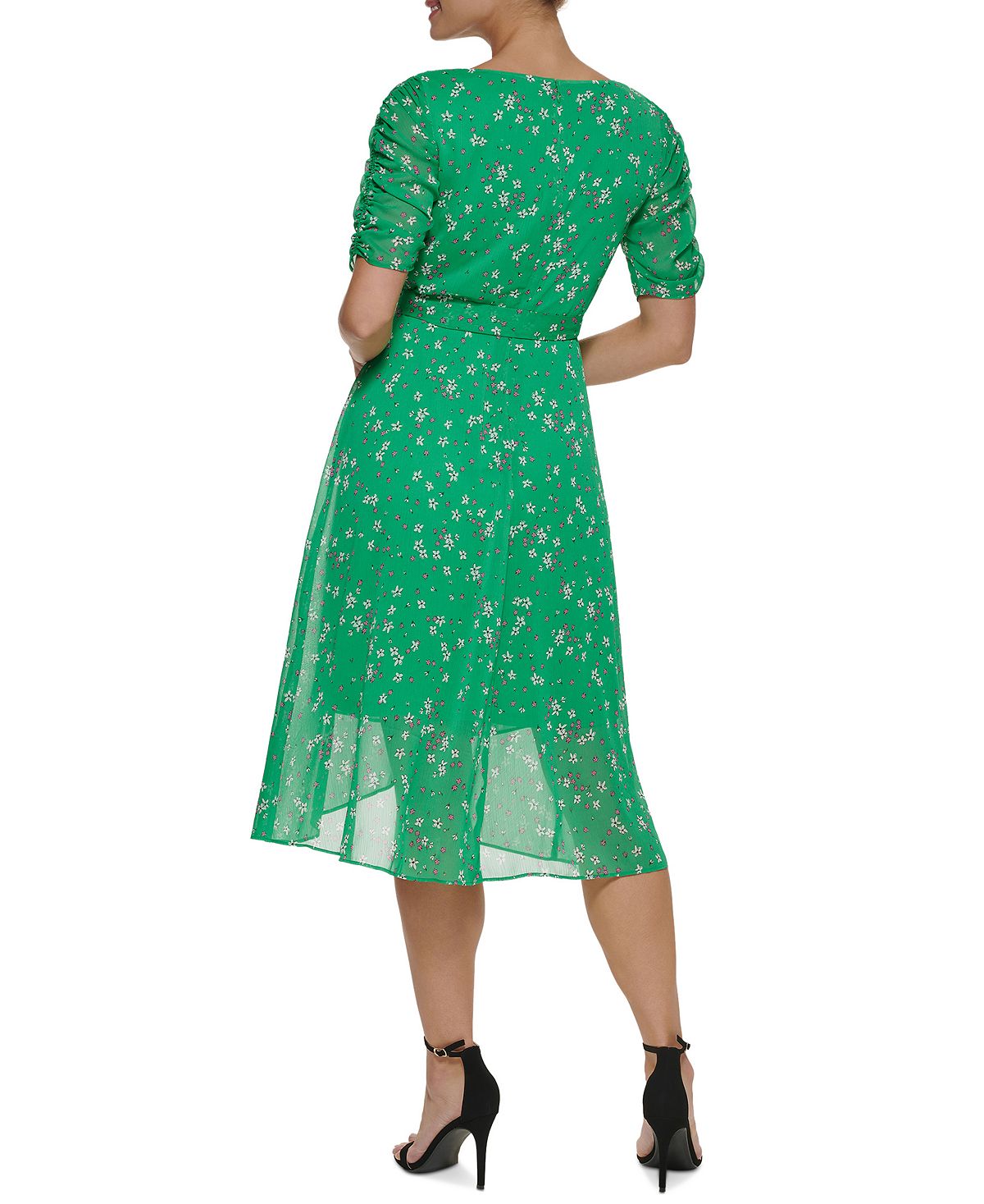 Vestido envelope falso com manga franzida DKNY feminino, verde, tamanho 14