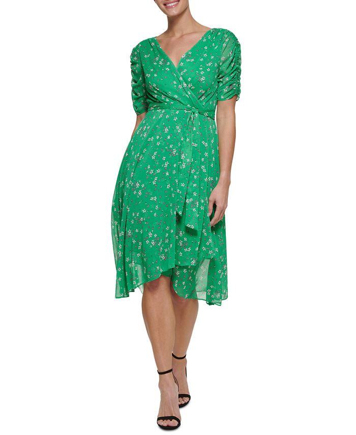 Vestido envelope falso com manga franzida DKNY feminino, verde, tamanho 8