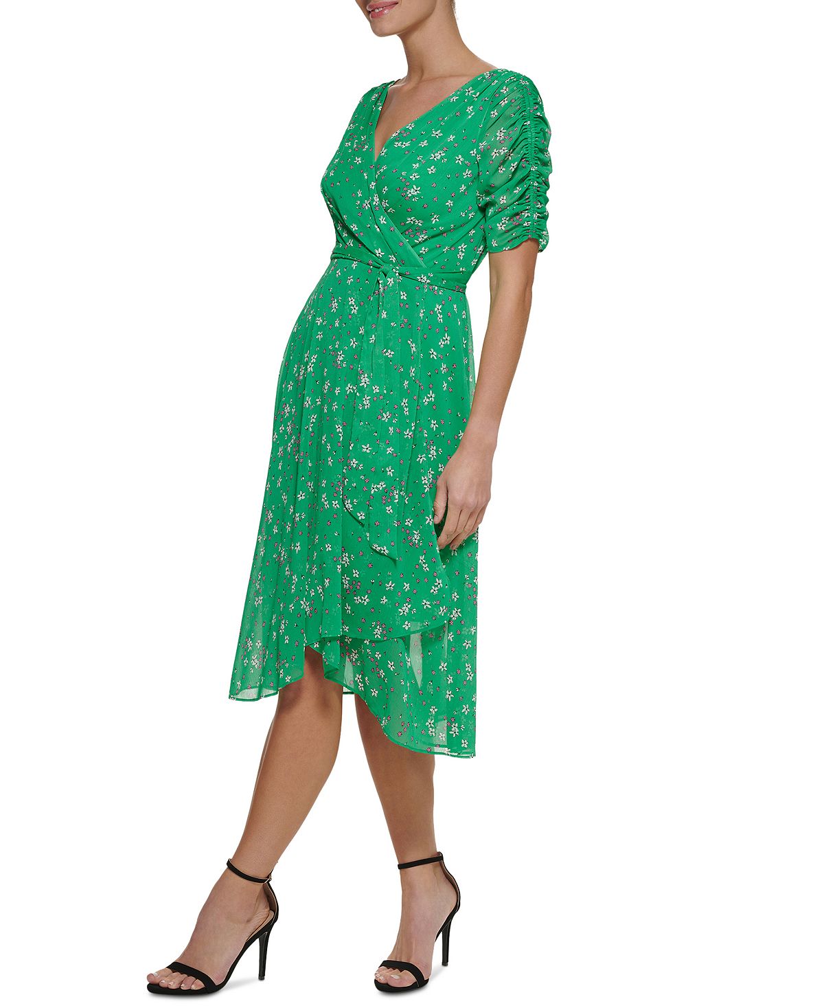 Vestido envelope falso com manga franzida DKNY feminino, verde, tamanho 8