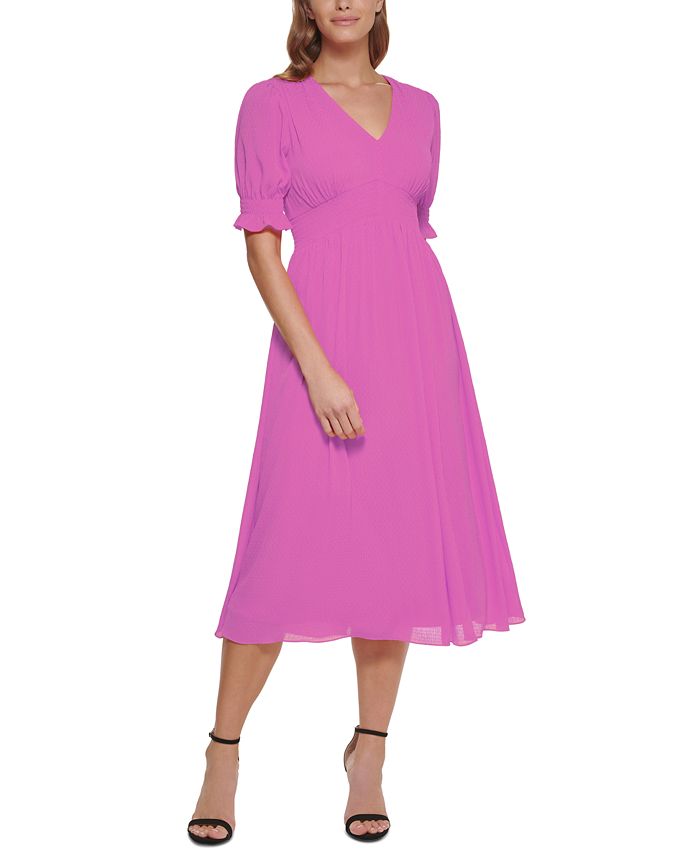 Vestido midi feminino DKNY com manga franzida, rosa, tamanho 14