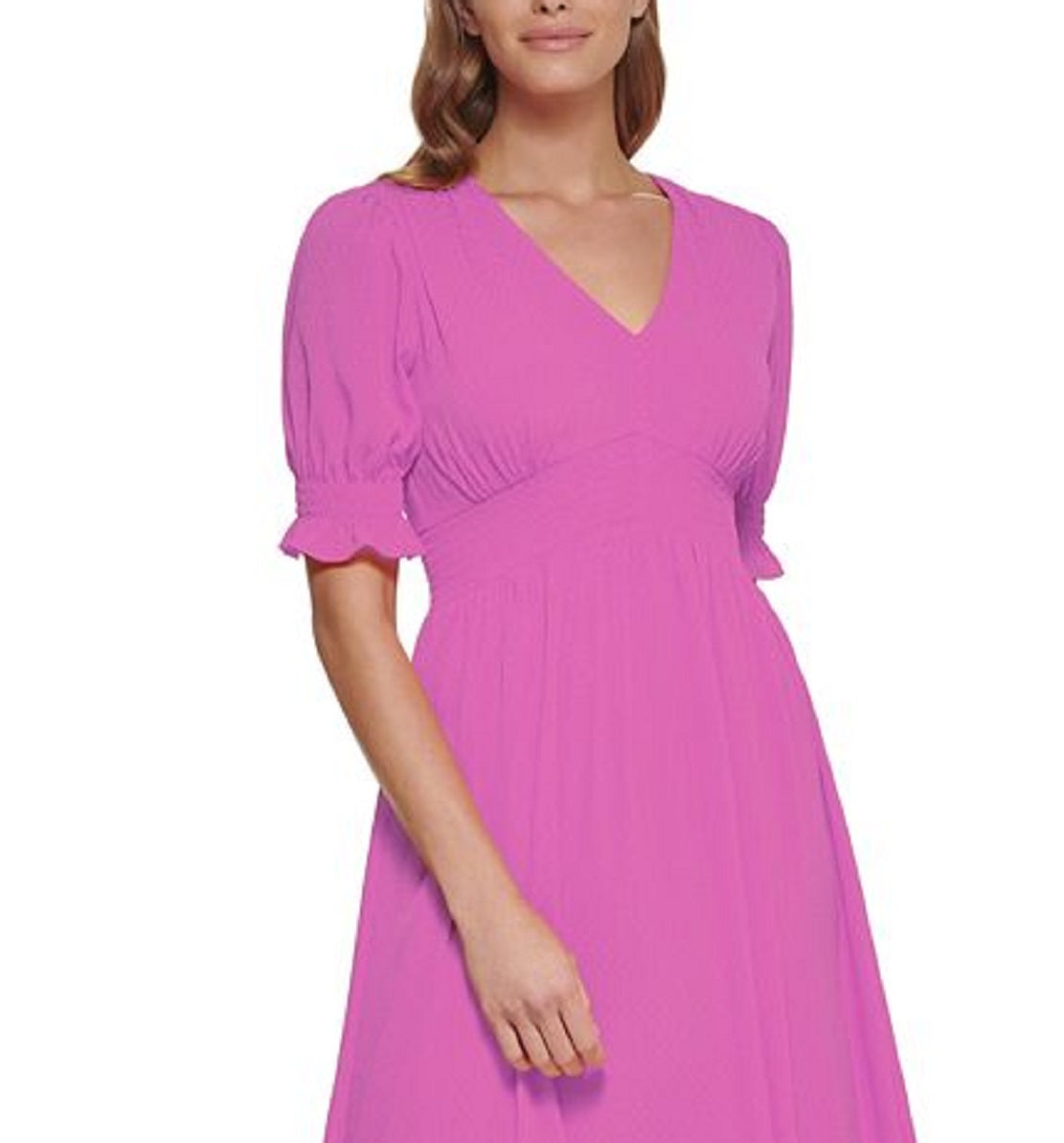 Vestido midi feminino DKNY com manga franzida, rosa, tamanho 14