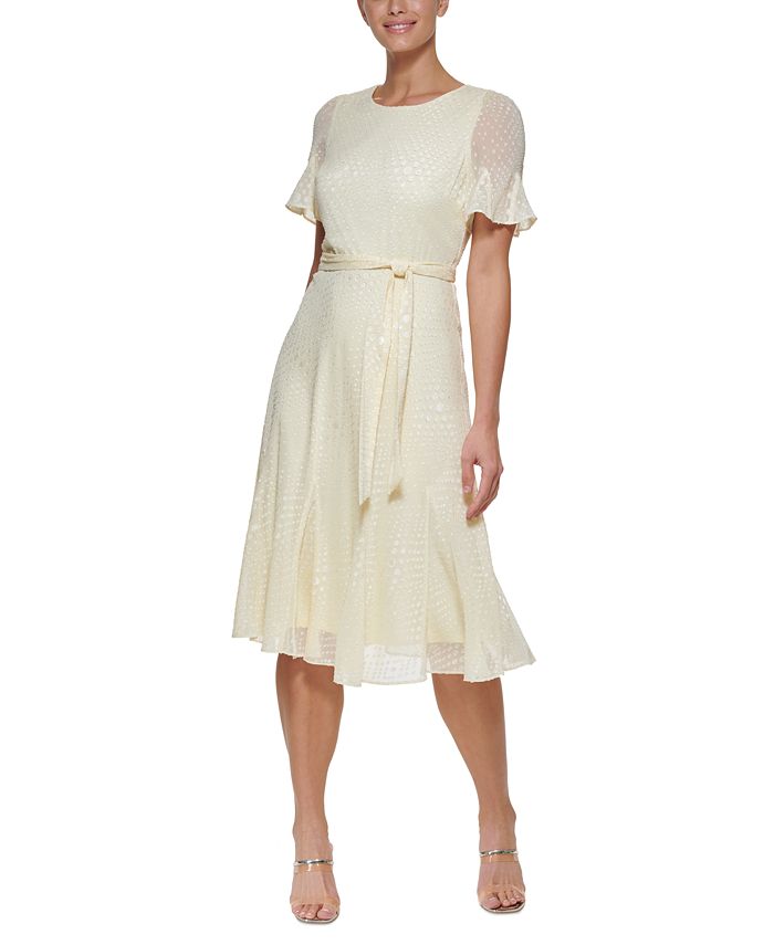 Vestido midi feminino DKNY com bolinhas, amarelo, tamanho 14