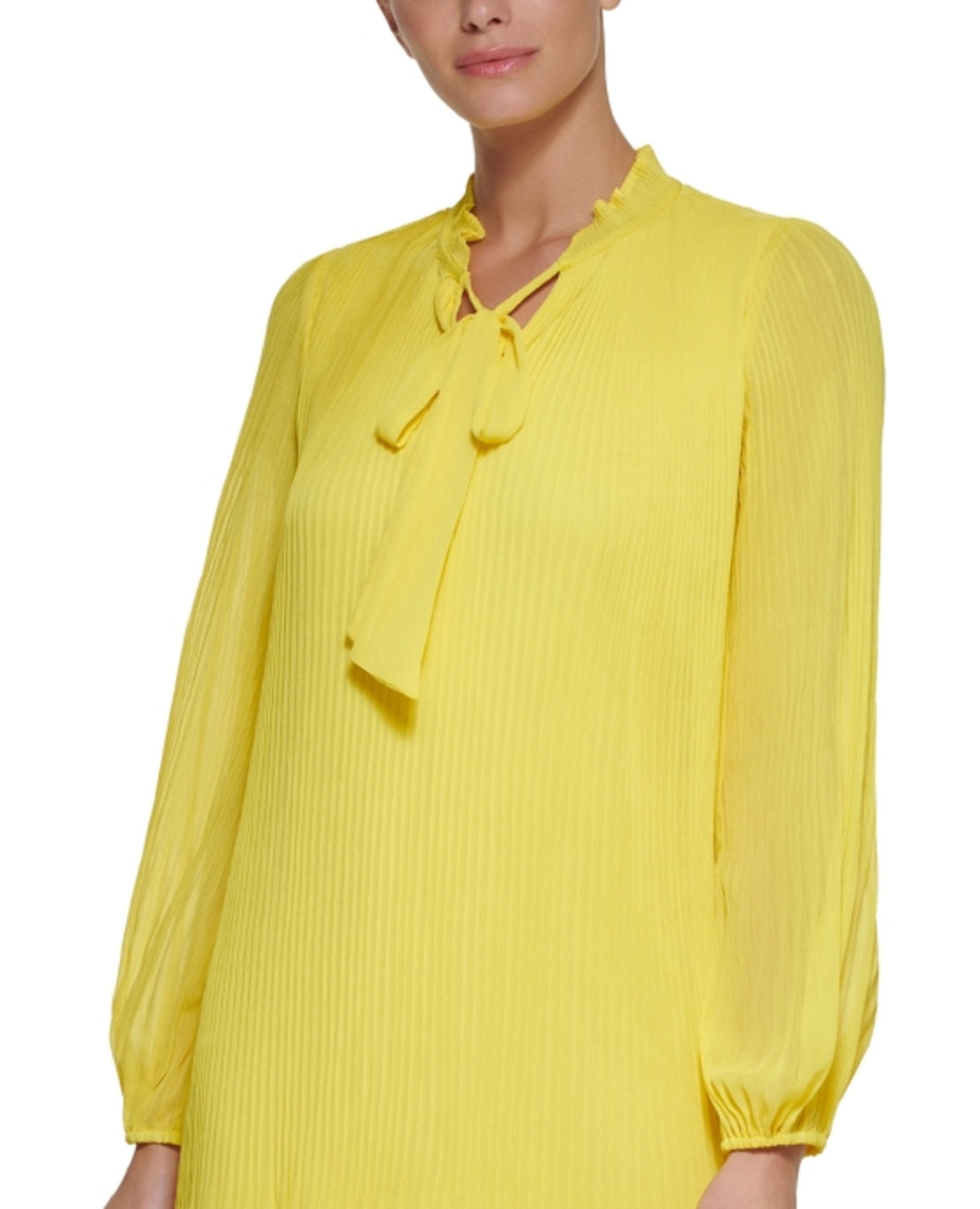 Vestido feminino DKNY de manga comprida com decote em V e pregas, amarelo, tamanho 14