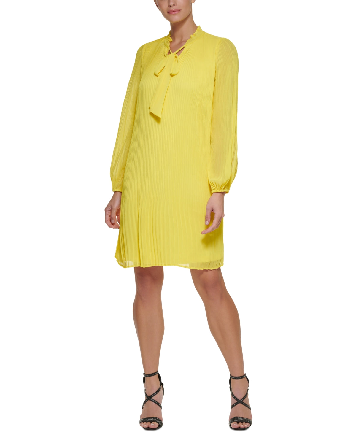 Vestido feminino DKNY de manga comprida com decote em V e pregas, amarelo, tamanho 14