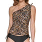 DKNY Tankini Top Estampado de Um Ombro Feminino, Preto, Tamanho Médio