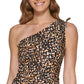 DKNY Tankini Top Estampado de Um Ombro Feminino, Preto, Tamanho Médio
