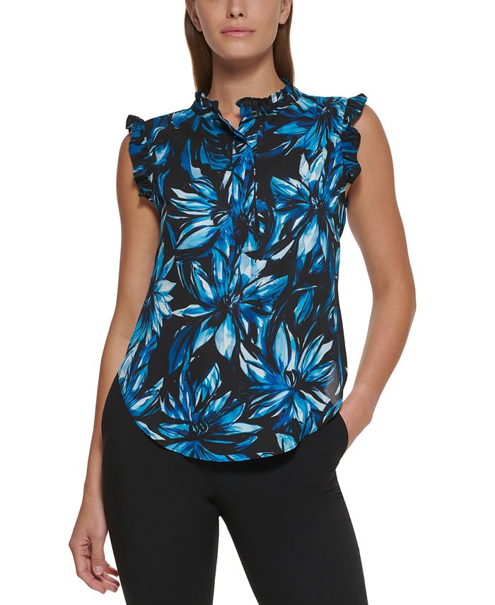 Blusa feminina DKNY com estampa e babados, azul, tamanho pequeno