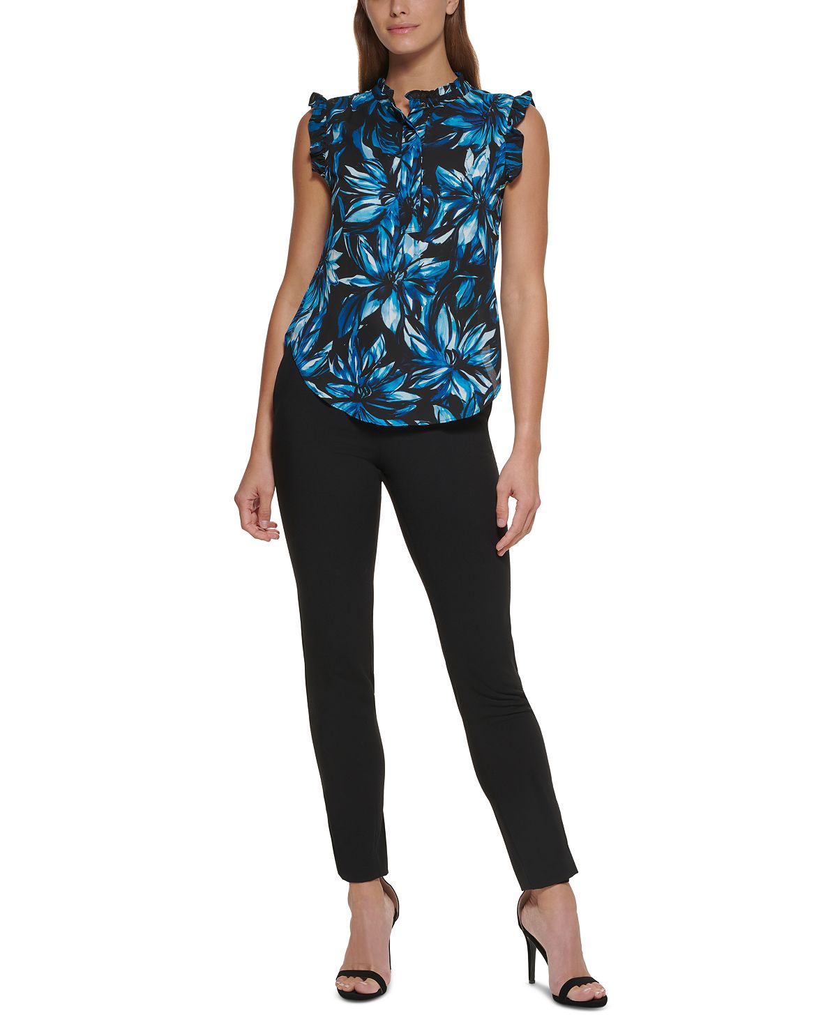 Blusa feminina DKNY com estampa e babados, azul, tamanho pequeno