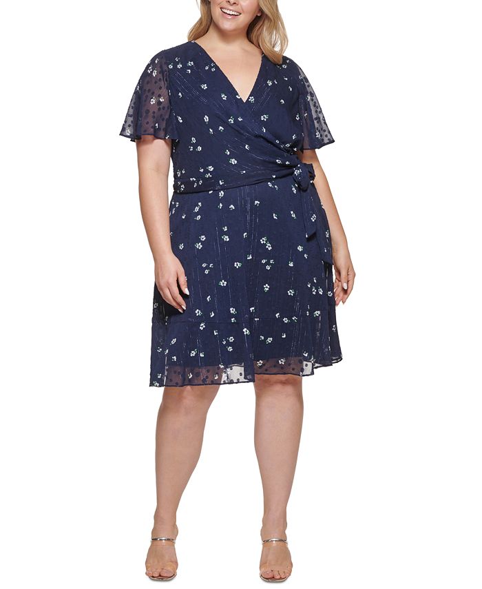 Vestido feminino DKNY com decote em V e bolinhas, azul, tamanho pequeno e pequeno