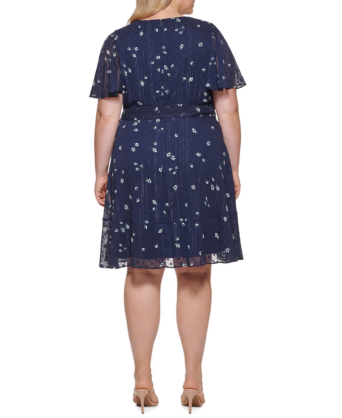 Vestido feminino DKNY com decote em V e bolinhas, azul, tamanho pequeno e pequeno