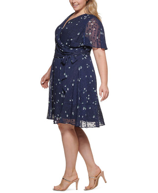 Vestido feminino DKNY com decote em V e bolinhas, azul, tamanho pequeno e pequeno
