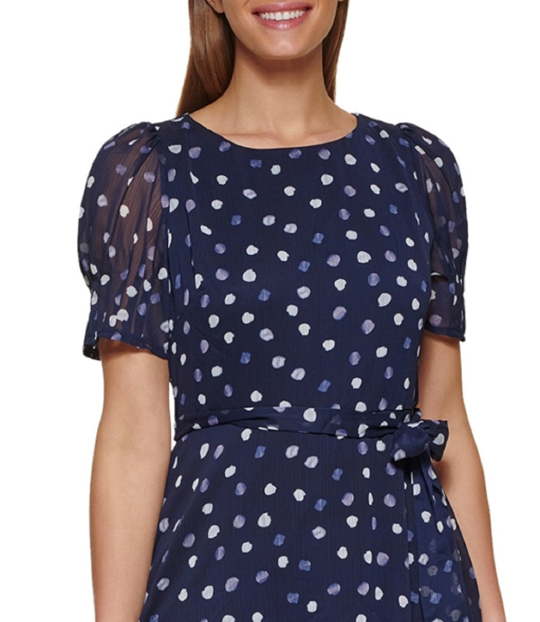 Vestido feminino DKNY estampado com manga bufante e ajuste evasê, azul, tamanho 6