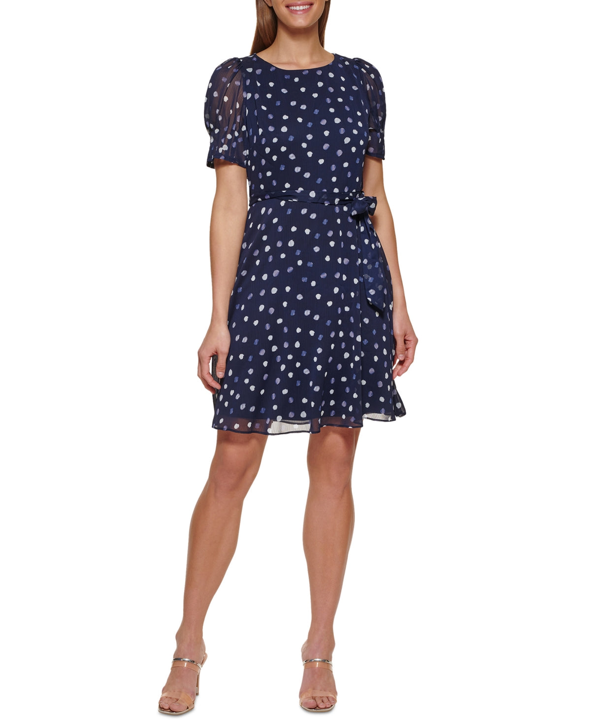 Vestido feminino DKNY estampado com manga bufante e ajuste evasê, azul, tamanho 6