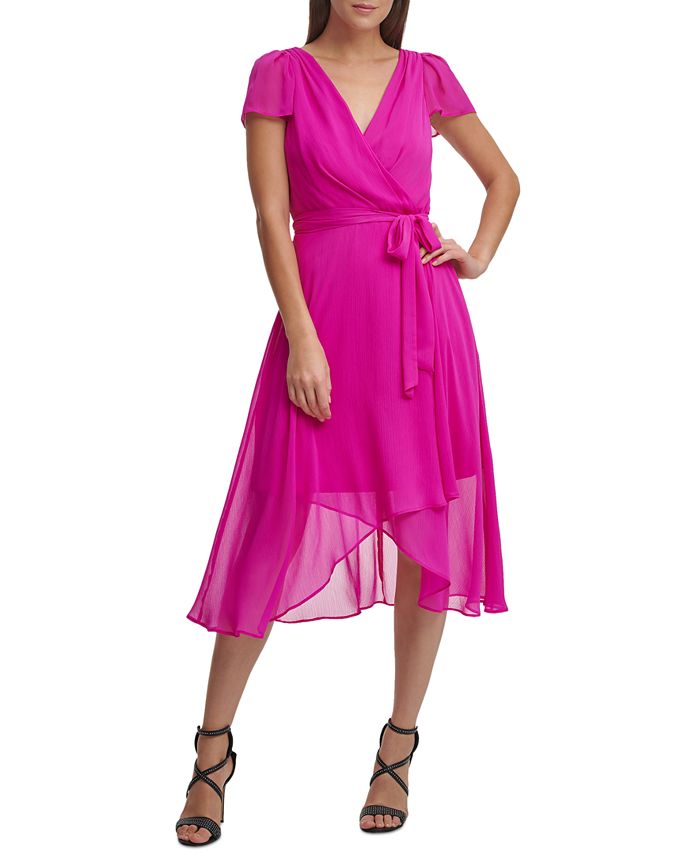 Vestido feminino DKNY Flutter Faux Wrap Chiffon Roxo Tamanho 6 Petite