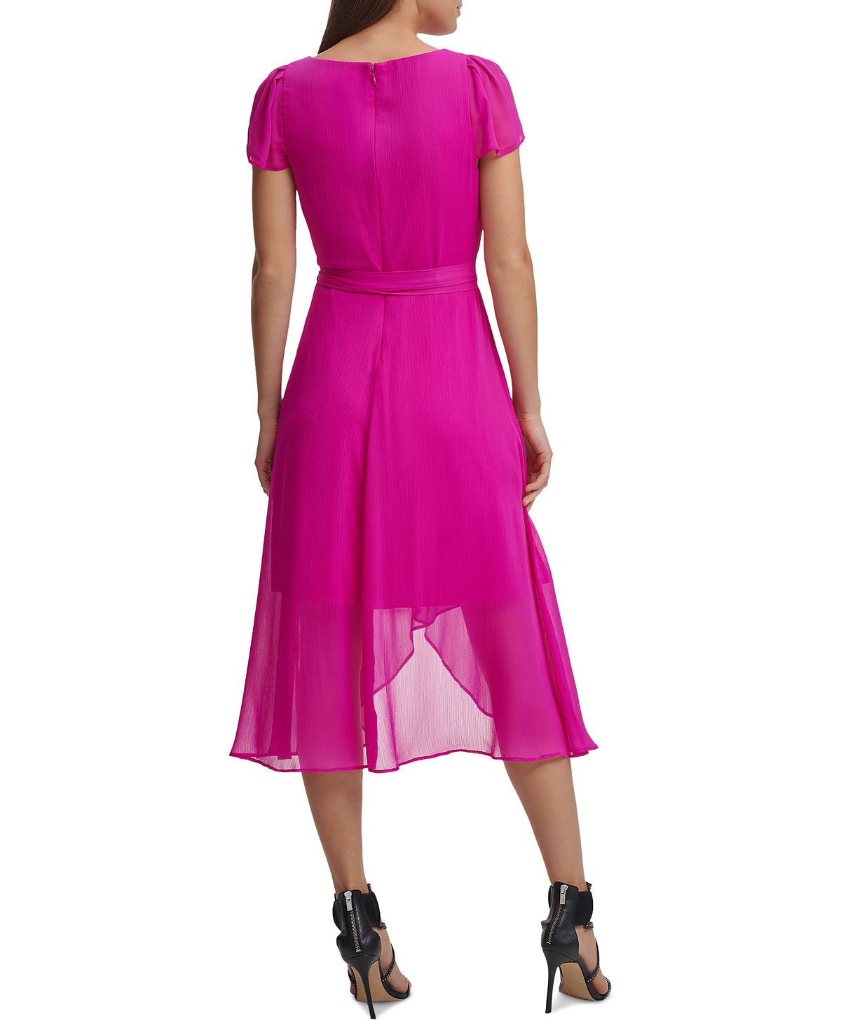 Vestido feminino DKNY Flutter Faux Wrap Chiffon Roxo Tamanho 6 Petite