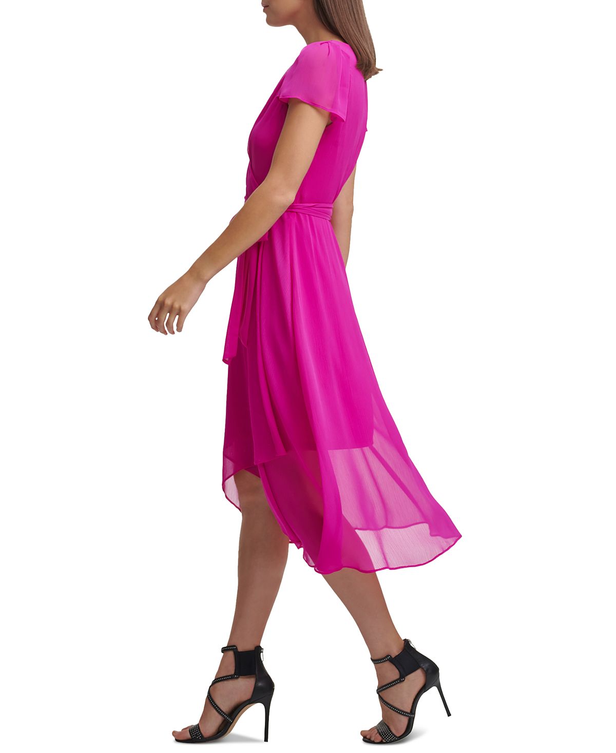 Vestido feminino DKNY Flutter Faux Wrap Chiffon Roxo Tamanho 6 Petite