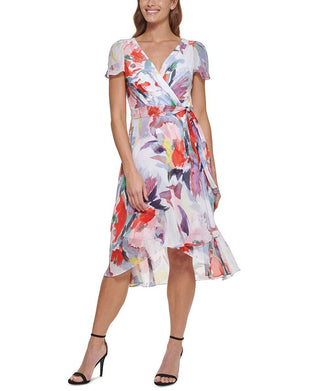 DKNY Women's Printed Faux Wrap Dress White Size 14