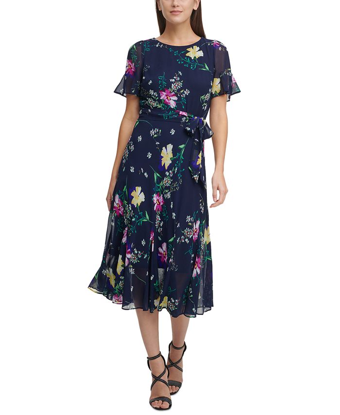 Vestido midi com saia godê estampada DKNY feminino, azul, tamanho 12, pequeno