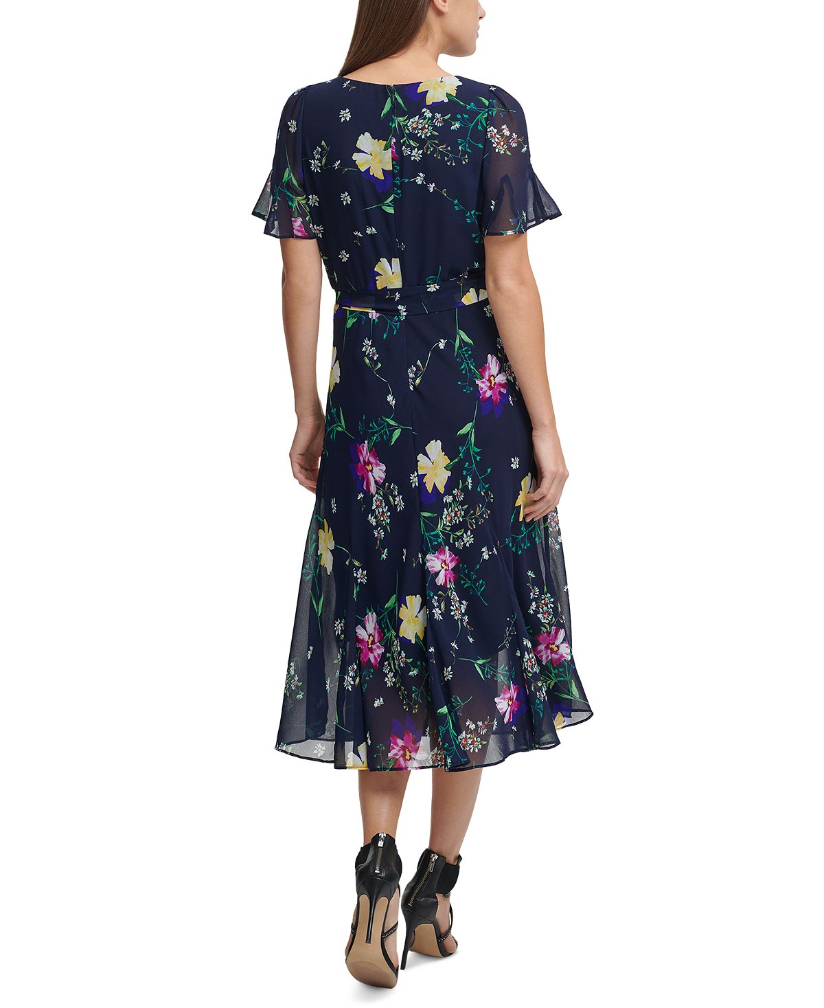 Vestido midi com saia godê estampada DKNY feminino, azul, tamanho 12, pequeno