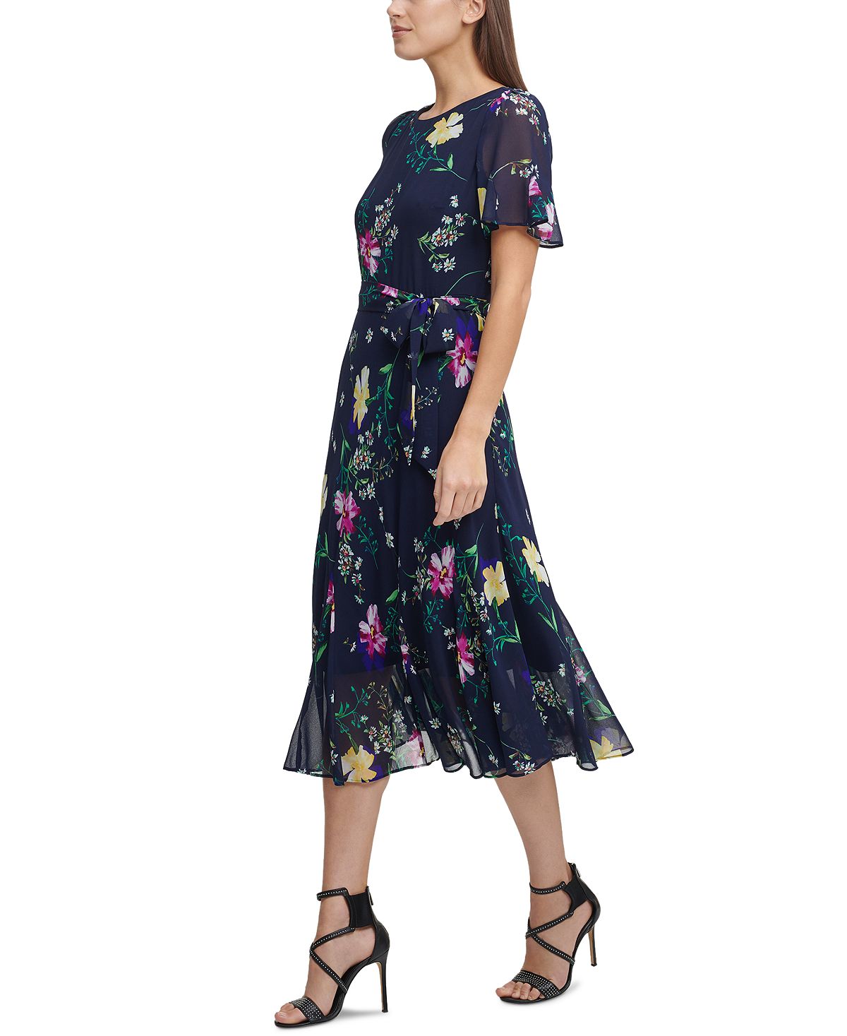 Vestido midi com saia godê estampada DKNY feminino, azul, tamanho 12, pequeno