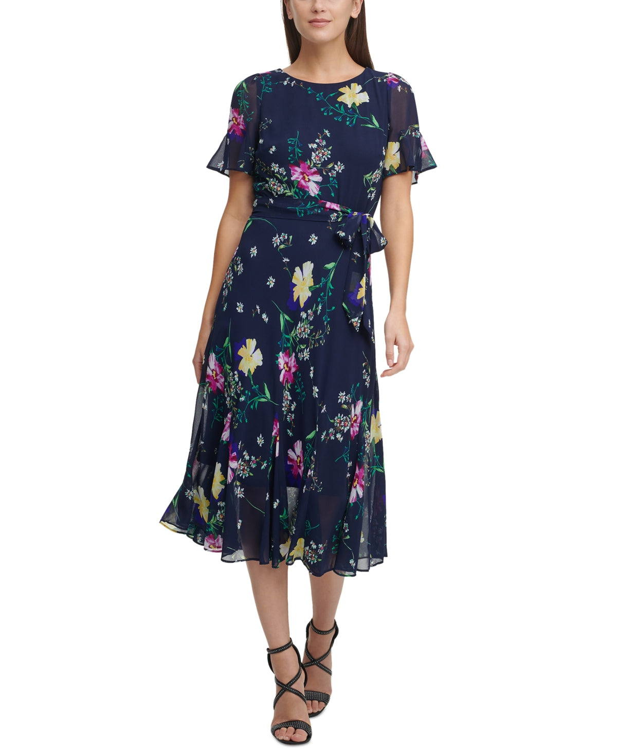 Vestido midi com saia godê estampada DKNY feminino, azul, tamanho 10, pequeno