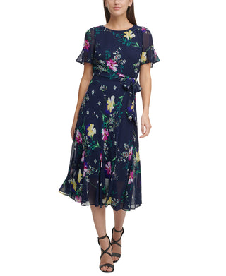 DKNY Women's Printed Godet Skirt Midi Dress Blue Size 10 Petite