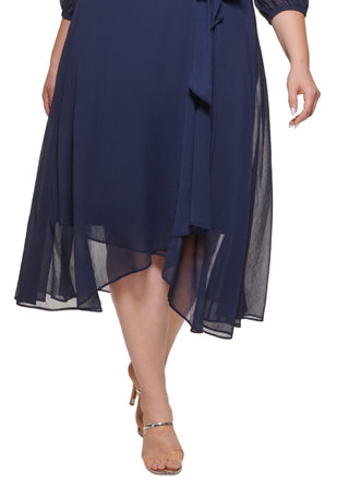 Vestido feminino DKNY com manga balão e babados em chiffon sintético, tamanho pequeno, azul