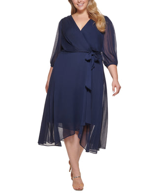 Vestido feminino DKNY com manga balão e babados em chiffon sintético, tamanho pequeno, azul