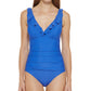 Maiô feminino DKNY com babados e aro para controle de barriga, azul, tamanho 10