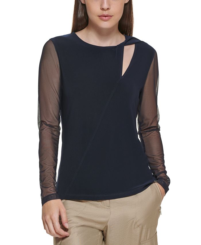 Blusa feminina DKNY com manga de malha e decote em V, preta, tamanho X-S
