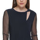 Blusa feminina DKNY com manga de malha e decote em V, preta, tamanho X-S