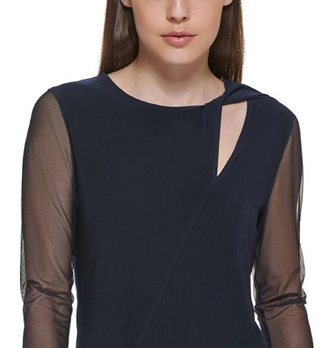Blusa feminina DKNY com manga de malha e decote em V, preta, tamanho X-S