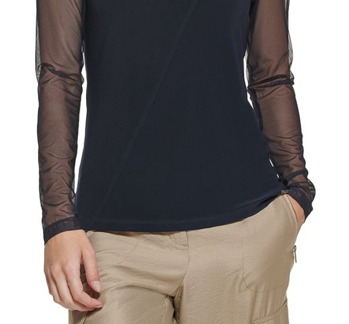Blusa feminina DKNY com manga de malha e decote em V, preta, tamanho X-S