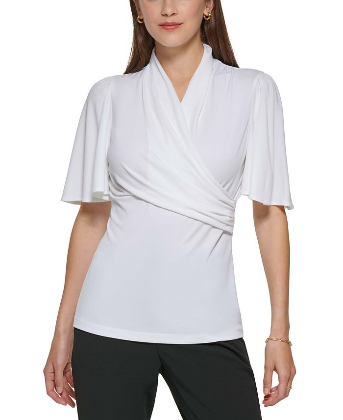 Blusa feminina DKNY com mangas franzidas e babados, branca, tamanho médio