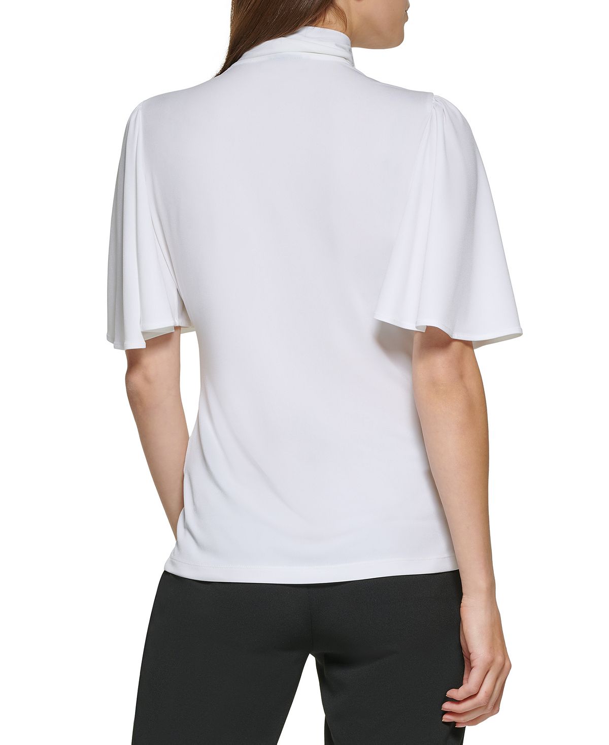 Blusa feminina DKNY com mangas franzidas e babados, branca, tamanho médio