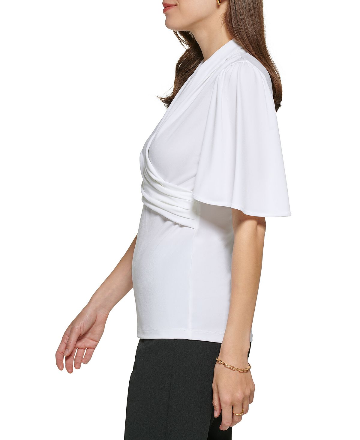 Blusa feminina DKNY com mangas franzidas e babados, branca, tamanho médio