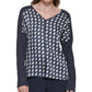 Blusa feminina DKNY com estampa de mídia mista e decote em V, azul, tamanho X-S