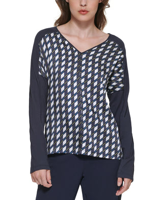 Blusa feminina DKNY com estampa de mídia mista e decote em V, azul, tamanho X-S