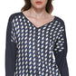 Blusa feminina DKNY com estampa de mídia mista e decote em V, azul, tamanho X-S