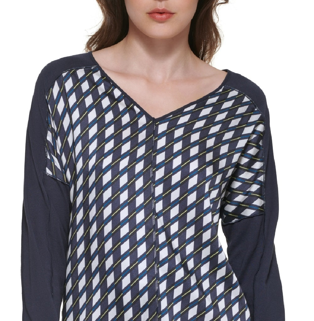 Blusa feminina DKNY com estampa de mídia mista e decote em V, azul, tamanho X-S