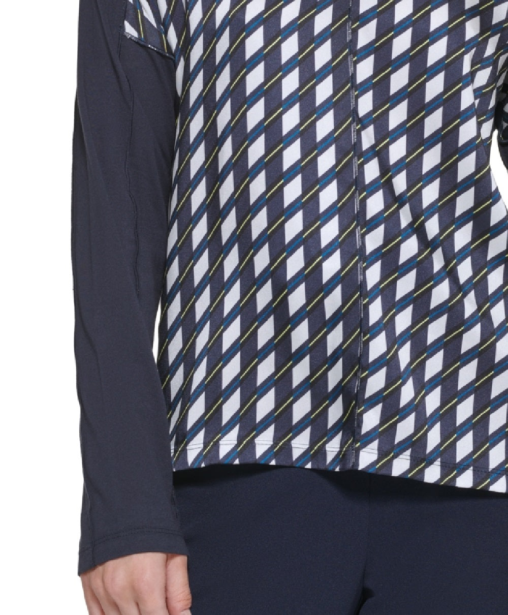 Blusa feminina DKNY com estampa de mídia mista e decote em V, azul, tamanho X-S