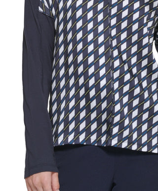 Blusa feminina DKNY com estampa de mídia mista e decote em V, azul, tamanho X-S