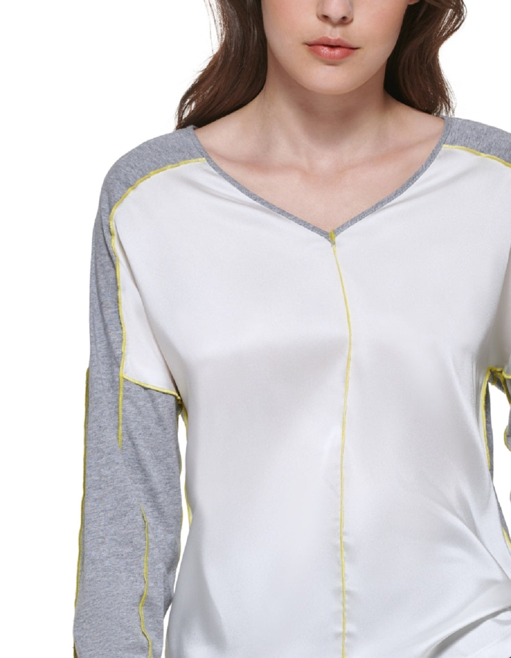 Blusa feminina DKNY com decote em V e técnica mista, cinza, tamanho médio